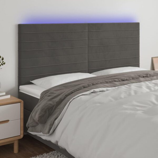 Sengegavl med LED-lys 160 x 5 x 118/128 cm fløjl mørkegrå