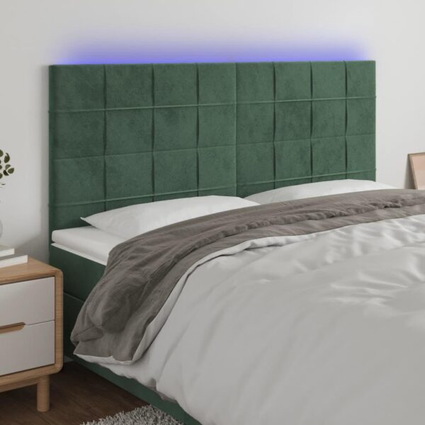 Sengegavl med LED-lys 160 x 5 x 118/128 cm fløjl - mørkegrøn