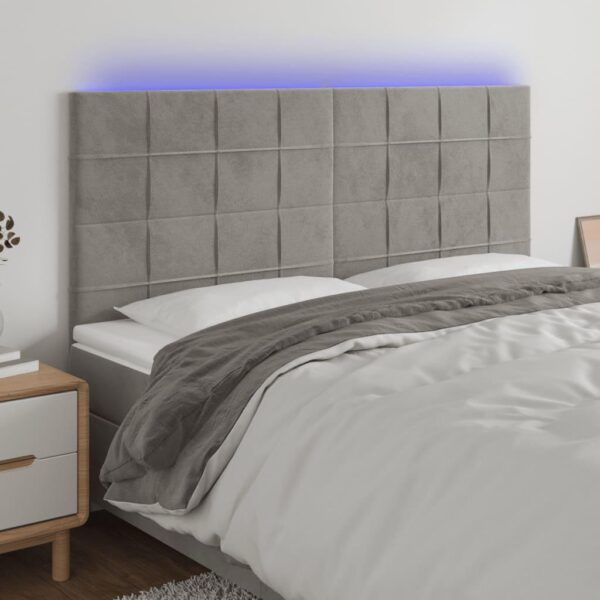 Sengegavl med LED-lys 200 x 5 x 118/128 cm - lysegrå fløjl