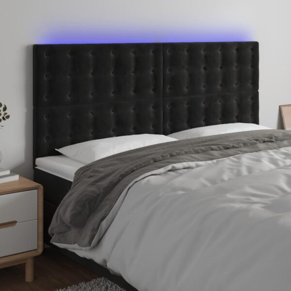 Sengegavl med LED-lys 200 x 5 x 118/128 cm - sort fløjl