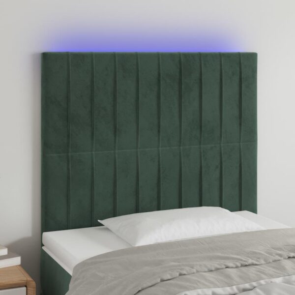 Sengegavl med LED-lys 90 x 5 x 118/128 cm - mørkegrøn fløjl