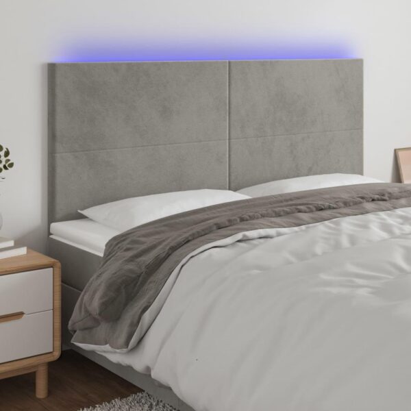 Sengegavl med LED-lys i fløjl 200 x 5 x 118/128 cm - lysegrå