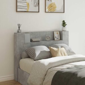 Sengegavl med opbevaring og LED - betongrå, 140 x 16,5 x 103,5 cm