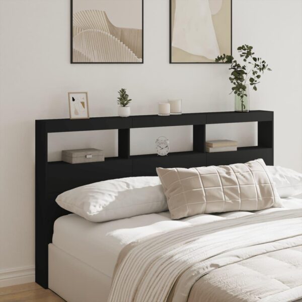 Sengegavl med opbevaring og LED-lys 180 x 17 x 102 cm - sort