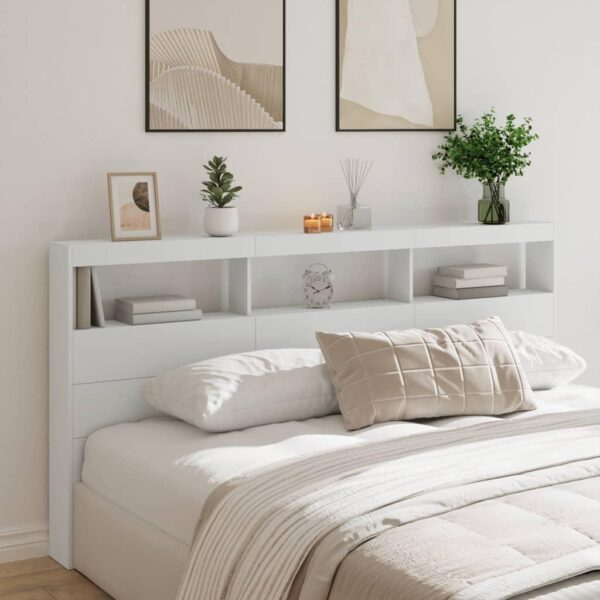 Sengegavl med opbevaring og LED-lys - hvid, 200 x 17 x 102 cm