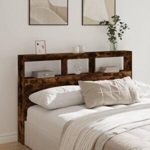 Sengegavl med opbevaring og LED-lys - røget eg, 160 x 17 x 102 cm