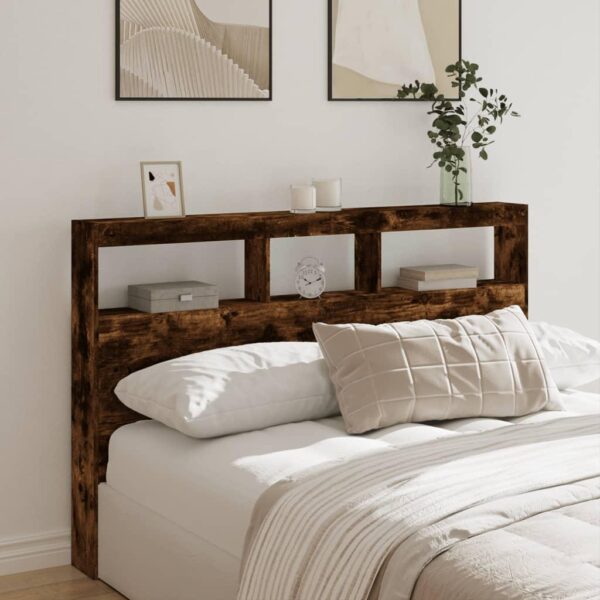 Sengegavl med opbevaring og LED-lys - røget eg, 160 x 17 x 102 cm
