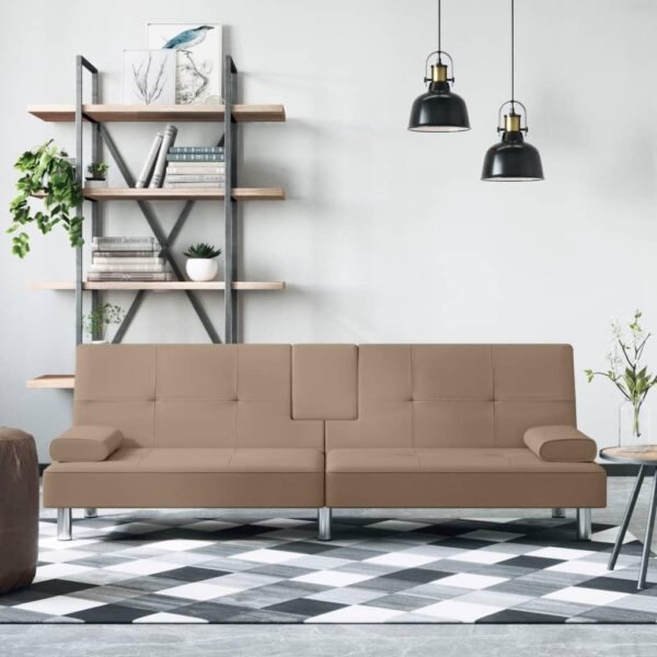 Sovesofa i kunstlæder med kopholdere - cappuccino