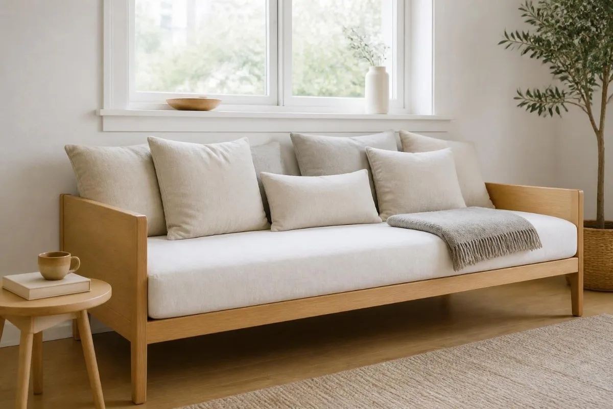 Daybed 1 Daybed i lyst træ med hvid madras og puder langs ryggen under et vindue