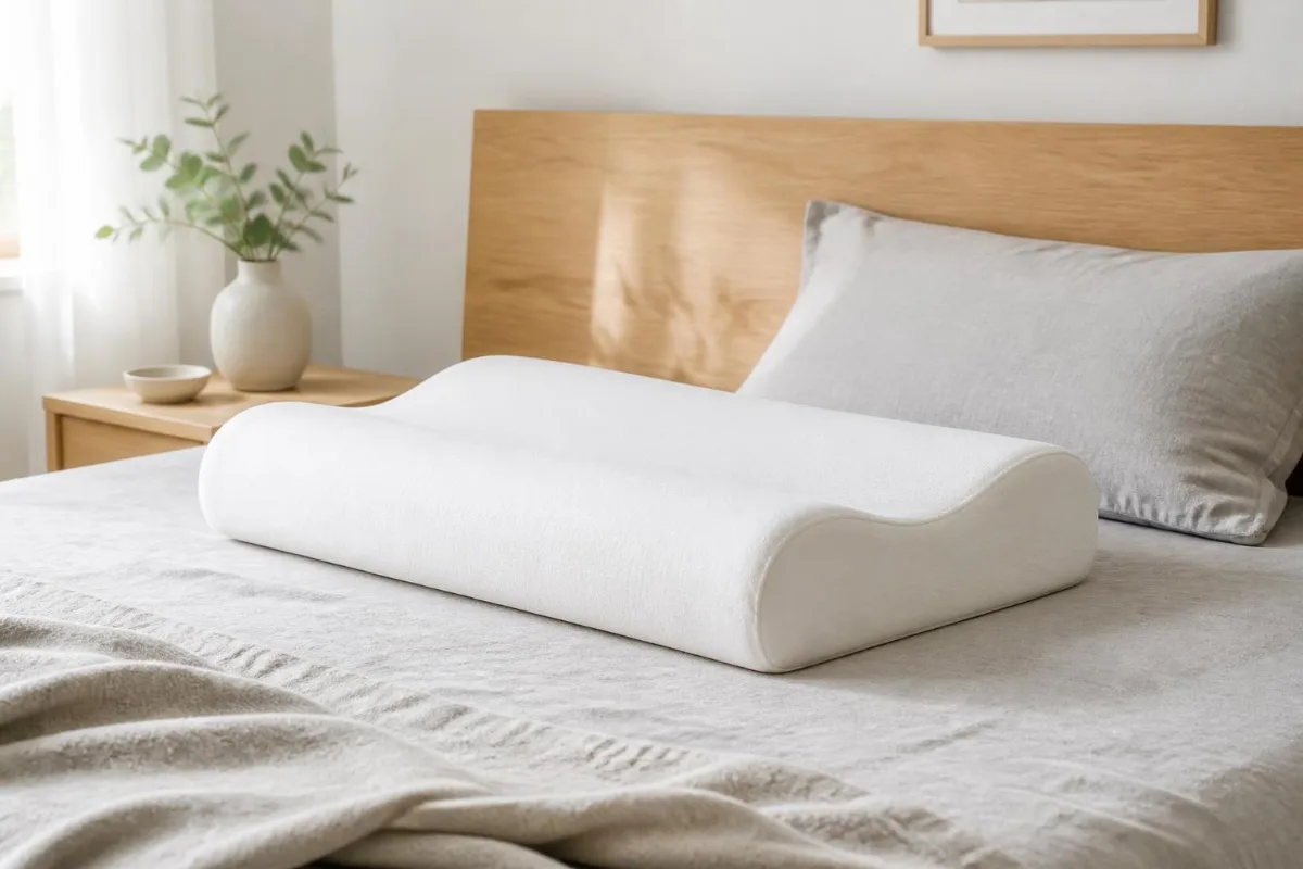 Hvid ergonomisk nakkepude i memory foam med bølgeform på en seng