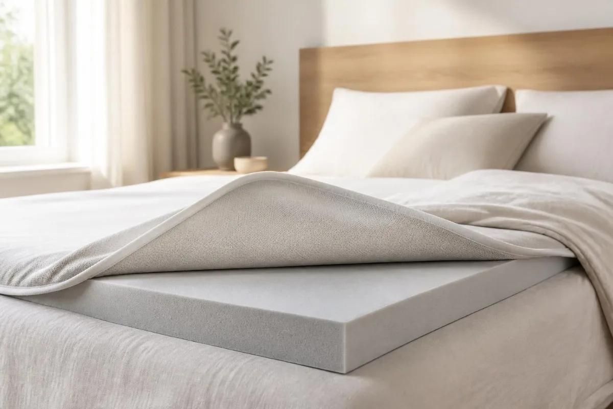 Memory foam 1 Topmadras i lysegråt memory foam med betrækket foldet tilbage