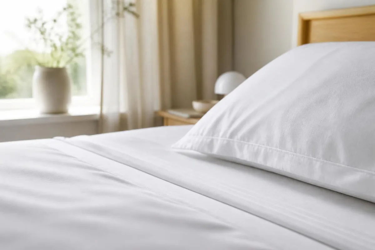 Percale 1 Hvidt sengetøj i percale med glat, mat overflade på en redt seng
